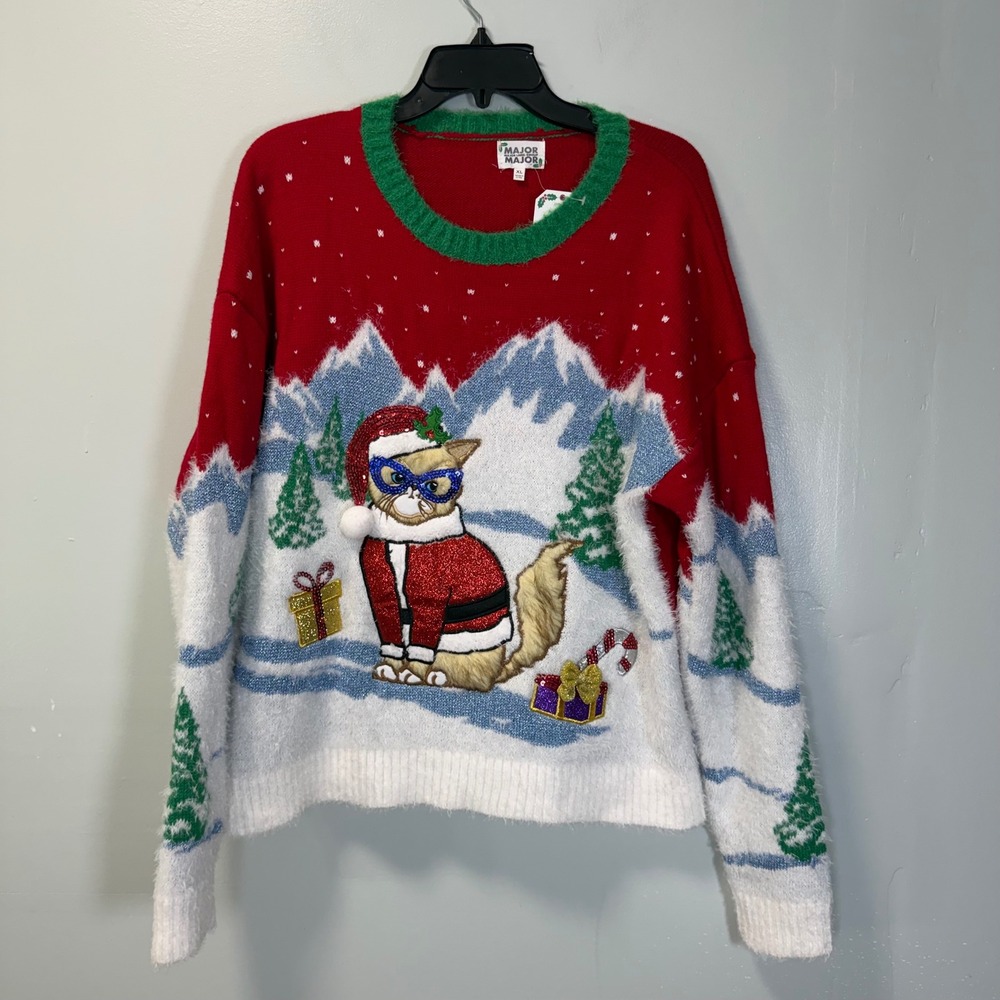 Major Major Label Group Ugly Christmas Sweater Cat Santa Sequin Red XL XJ87614